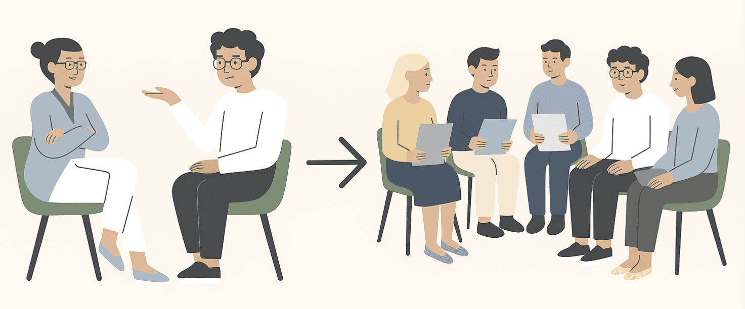 Illustration showing an individual therapy session shifting to a group setting, suggesting alternatives when therapy is not working.