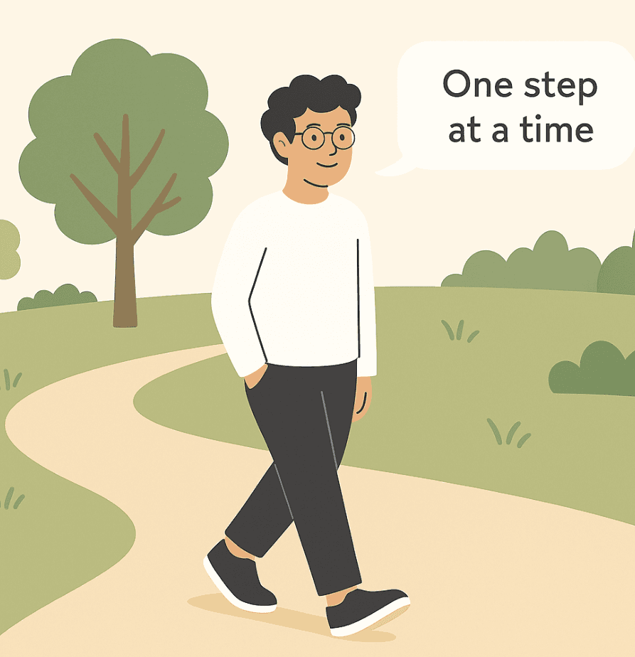 Man walking on a winding path with the words “One step at a time,” representing progress even when therapy is not working smoothly.