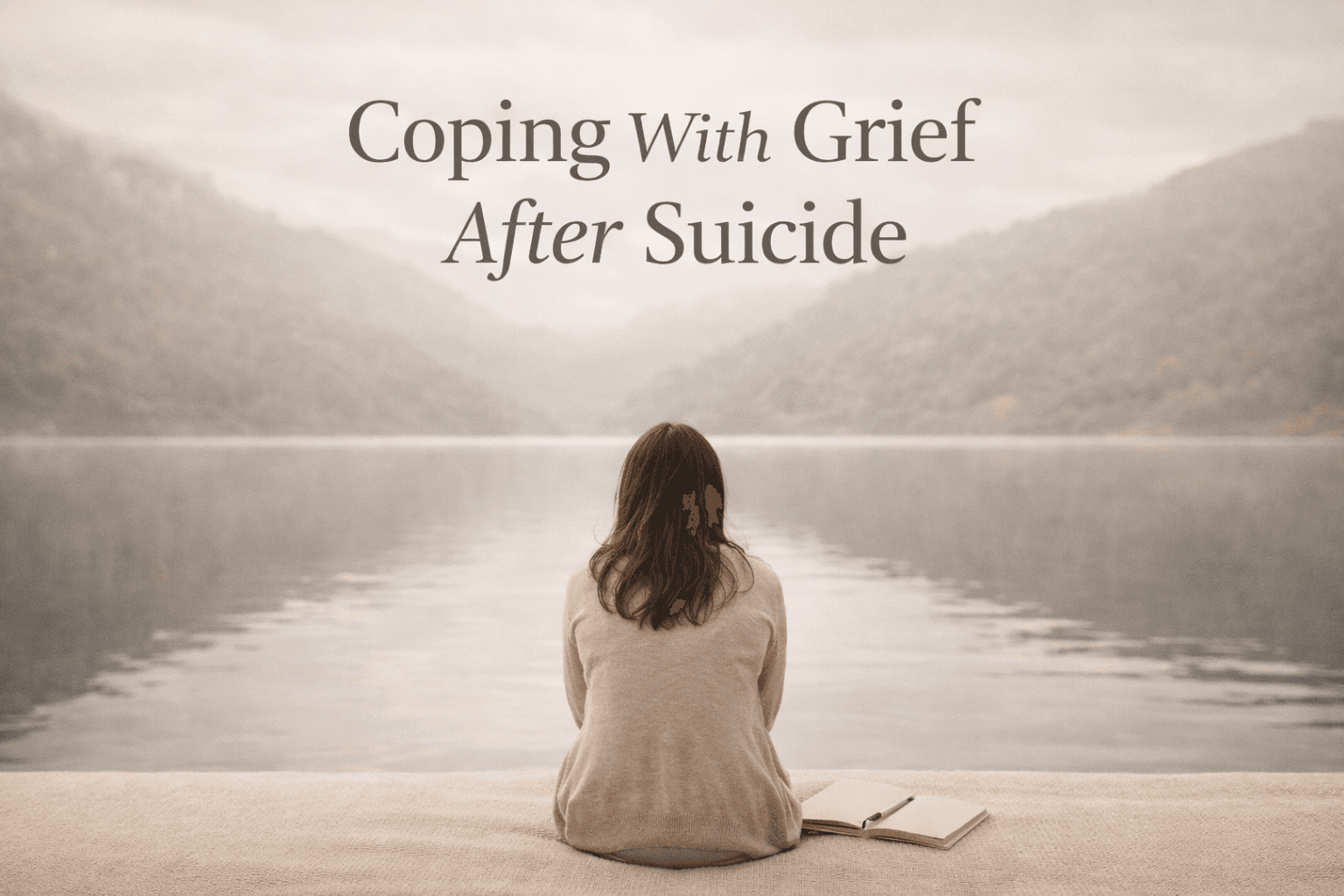 Person sitting alone by a calm lake, facing the water in a quiet, reflective moment, with soft neutral tones and text reading “Coping With Grief After Suicide.”