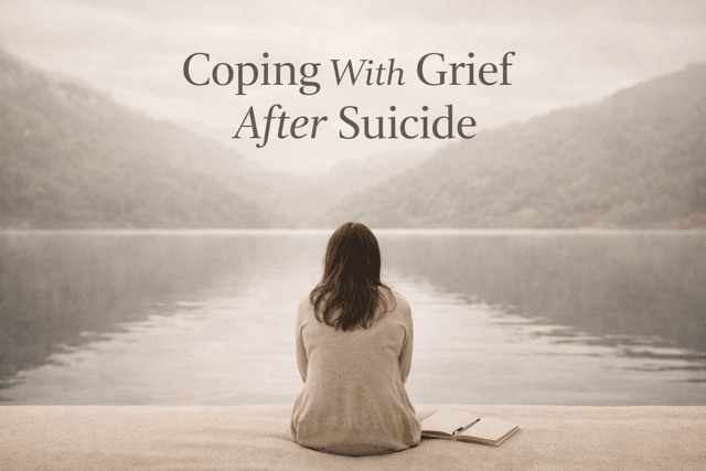 Person sitting alone by a calm lake, facing the water in a quiet, reflective moment, with soft neutral tones and text reading “Coping With Grief After Suicide.”
