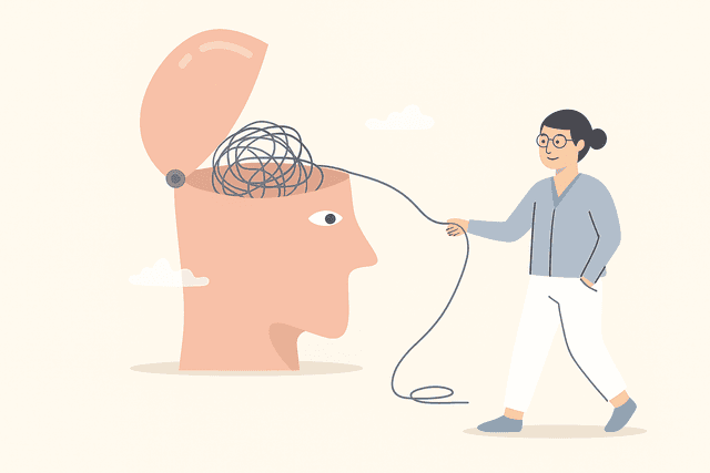 Illustration of a therapist helping untangle a person’s thoughts, symbolizing clarity when therapy is not working as expected.