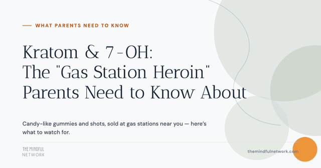 Colorful kratom and 7-OH gummies and shot bottles displayed on a gas station shelf next to energy drinks — a warning image for parents about gas station heroin