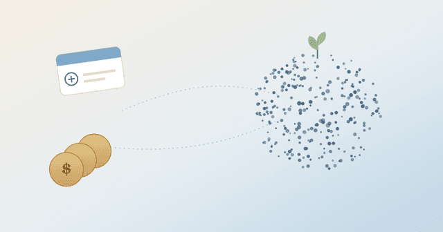 Illustration of a coin stack and insurance card both connecting to a dotted cluster with a small sprout growing from it, representing the two paths to funding therapy.